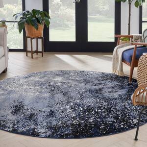 Passion Light Blue Black 8 ft. x 8 ft. Abstract Contemporary Round Area Rug