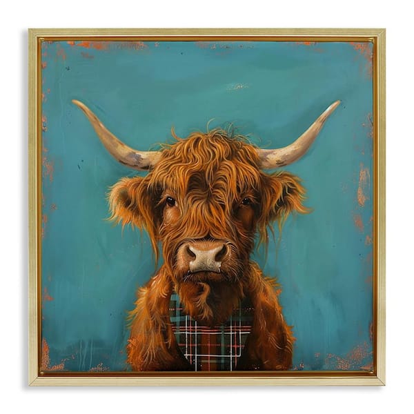 Stupell Industries Highland Cow on Blue by LSR Design Studio Gold Floater Frame Animal Graphic Art Print 25 in. x 25 in.
