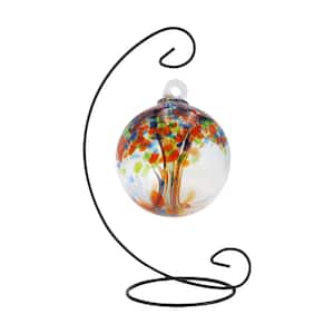 Tree Of Life 4 in. Multi-Color Royal Hand-Blown Glass Ball with Antique Bronze Finish Metal Stand