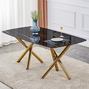 Black Glass Top Material 70.87 in. Golden Double Cross Legs Table Base Type Dining Table Seats 6