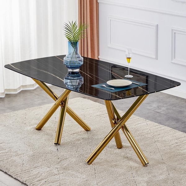 Polibi Black Glass Top Material 70.87 in. Golden Double Cross Legs Table Base Type Dining Table Seats 6