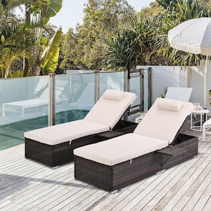 2-Piece Wicker Outdoor Chaise Lounge Reclining Chair with Head Pillow Beige Cushion for Poolside Patio Garden Deck