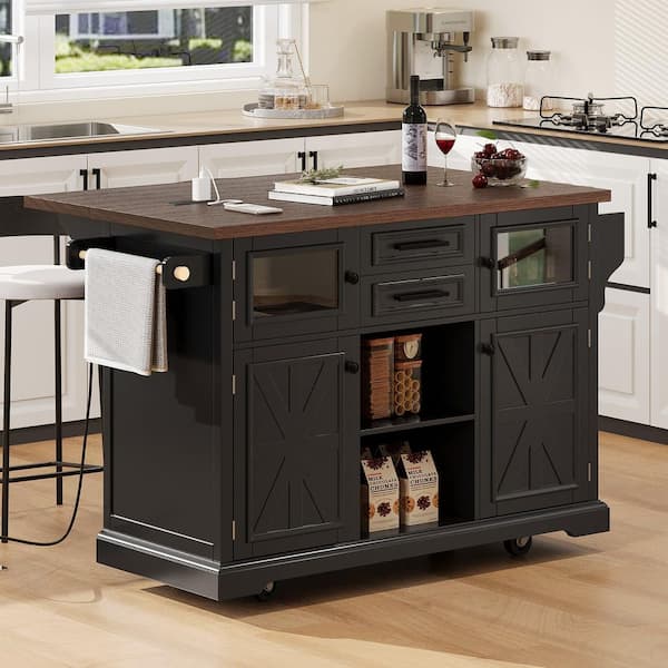 Farmhouse Black Drop Leaf Wood Tabletop 55 in. Kitchen Island Cart with Power Outlet and Visual Glass Door
