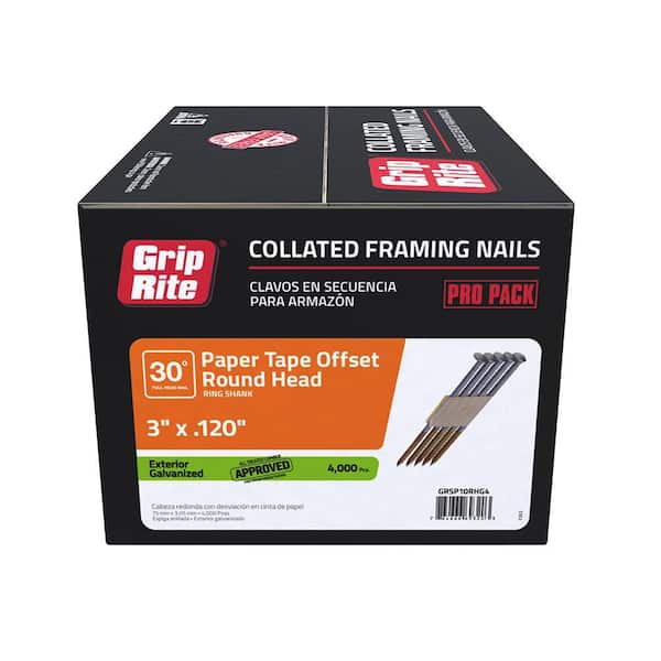 Grip-Rite 3 in. x 0.120 in. 30° Paper Hot Galvanized Ring Shank Round Head Nails (4,000 Per Pack)