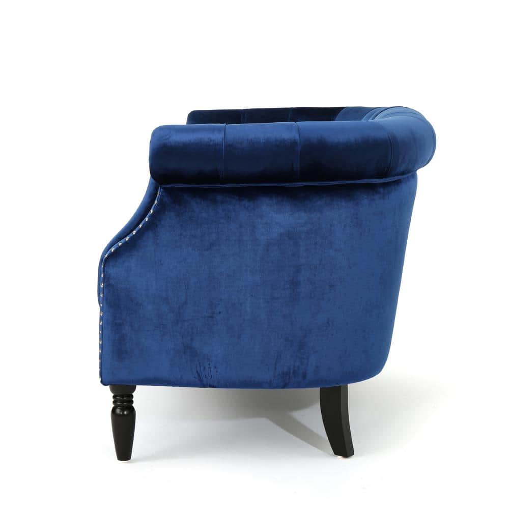 Elegant Navy Blue Velvet Chesterfield Loveseat with Nailhead Accents