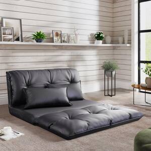 Black Lazy Sofa Adjustable Folding 2-Seat Futon Sofa Video Gaming Sofa with 2-Pillows
