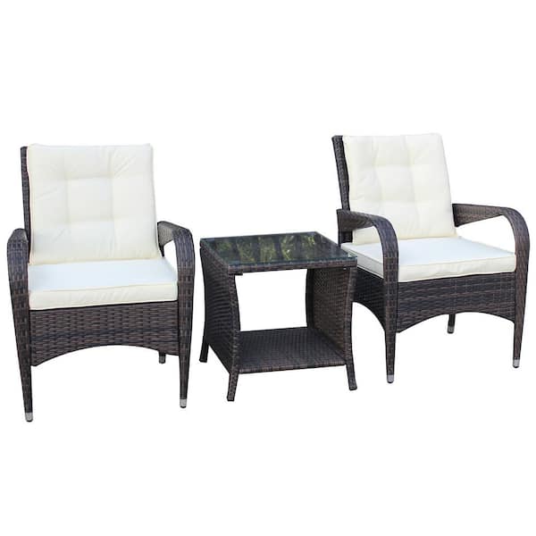 Tunearary 3-Piece Wicker Outdoor Conversation Set All-Weather Patio Chairs with Beige Cushions