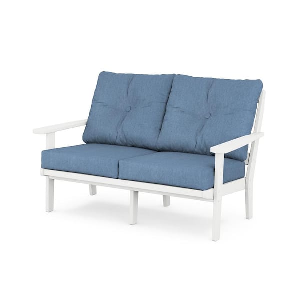 Trex Outdoor Furniture Cape Cod Deep Seating Plastic Outdoor Loveseat with in Classic White/Sky Blue Cushions