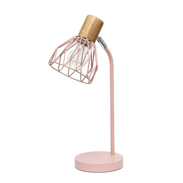 Simple Designs 18.19 in. Industrial Farmhouse Fusion Task and Reading Adjustable Cage Wire Office Accent Desk Lamp, Light Pink