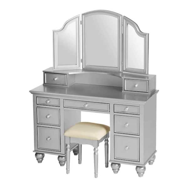 William's Home Furnishing Athy 2-Piece Silver Makeup Vanity Set with Upholstered Seat
