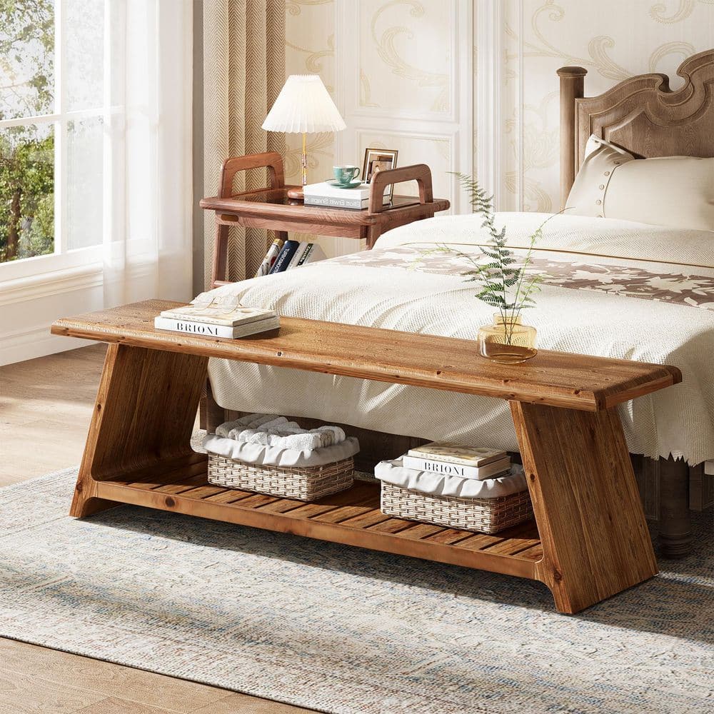 63 in. Walnut Brown Solid Wood Entryway Bench with Storage Shelves, Long Bed Bench for Indoor, Entry, Dining Room