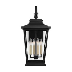 Warren 12 in. Large 4-Light Textured Black Outdoor Wall Mount Lantern with Clear Glass Panels