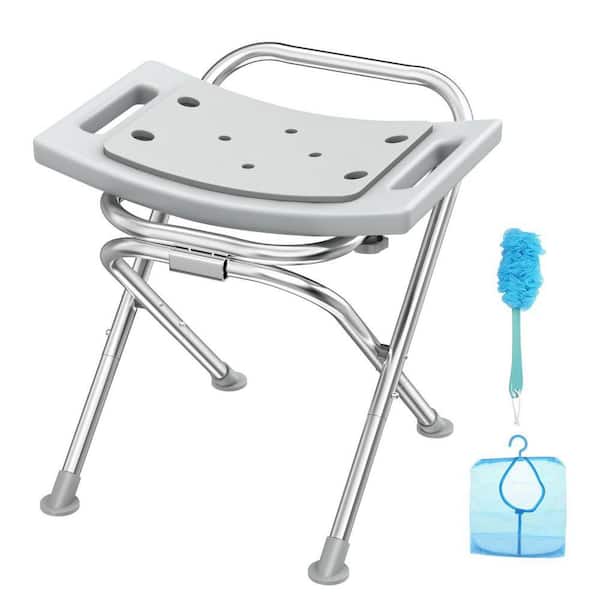 17.5 in. W Folding Shower Chair Stainless Steel Anti-Slip Seat with Pad for Seniors Disabled Gray Freestanding