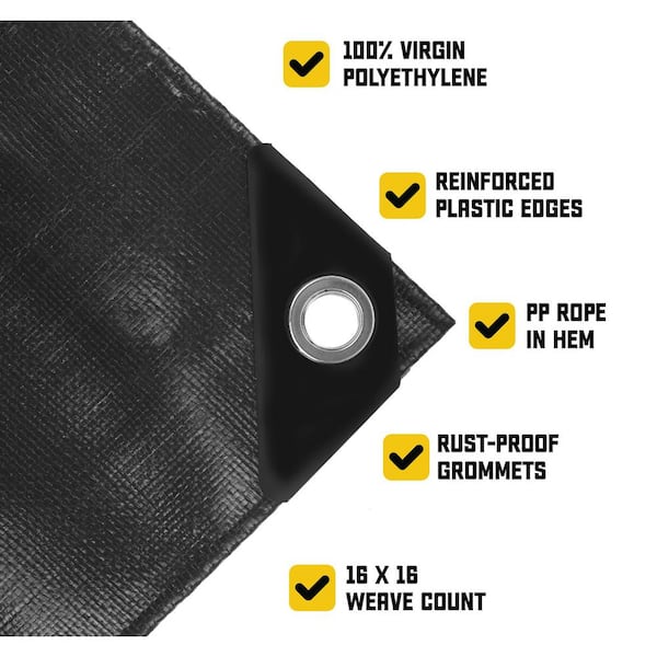 100 ft. x 100 ft. Black 20 Mil Heavy Duty Polyethylene Tarp, Waterproof, UV Resistant, Rip and Tear Proof