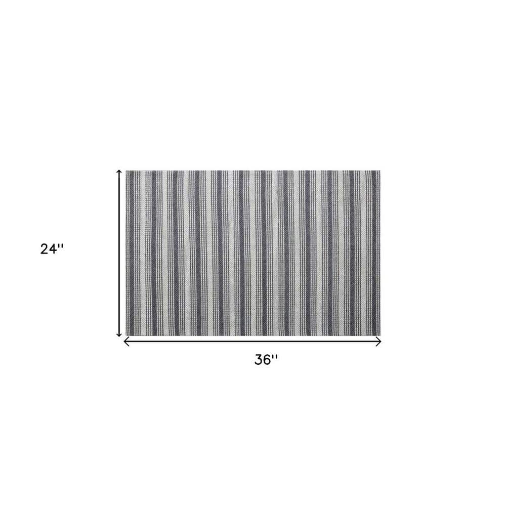 Gray and Off-White Wool Striped Handmade Rectangular Area Rug