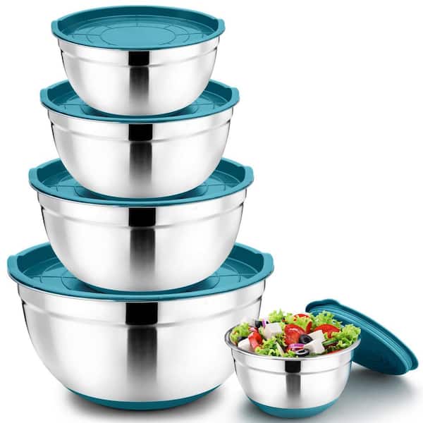 Adrinfly Large Nesting 5-Piece Stainless Steel Blue Mixing Bowls with Non-Slip Base