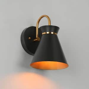 6 in. 1-Light Black Indoor Wall Sconce, Modern Polished Brass Bathroom Vanity Light, Classic Cone Wall Light
