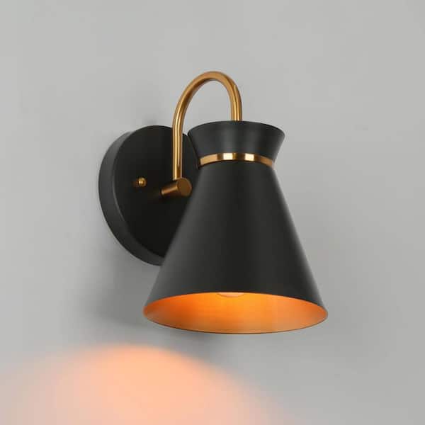 6 in. 1-Light Black Indoor Wall Sconce, Modern Polished Brass Bathroom Vanity Light, Classic Cone Wall Light