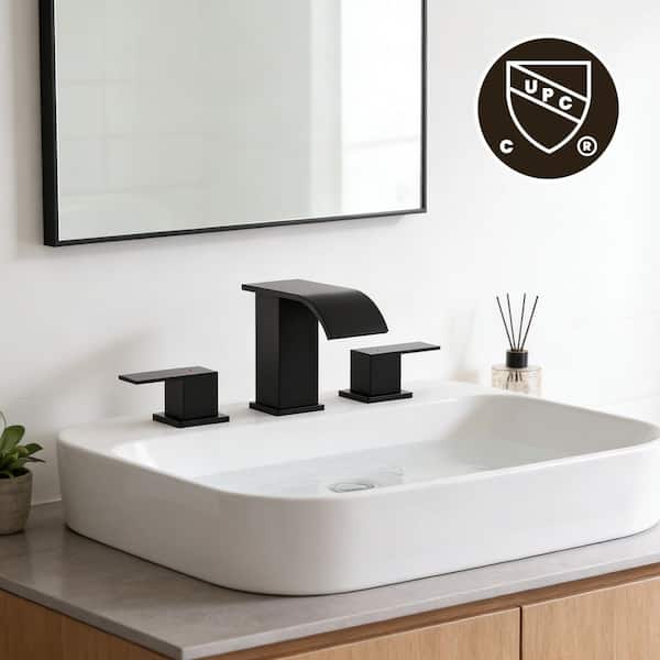 Curve Waterfall 8 in. Widespread 2-Handle Bathroom Faucet 3-Hole Bath Sink Faucet with Pop-Up Drain in Matte Black