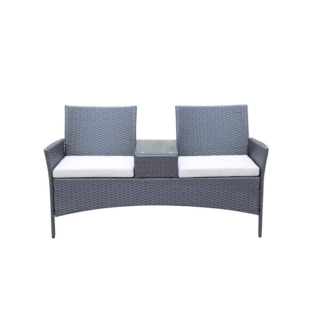 Wateday Grey Wicker Outdoor Patio Sofa Couch with Beige Cushions PF