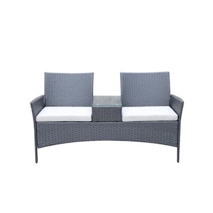 Grey Wicker Outdoor Patio Sofa Couch with Beige Cushions