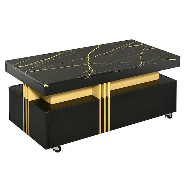 Zeus & Ruta Black Rectangle Coffee Table Cocktail Table with Faux Marble Top, Caster Wheels, Gold Metal Bars for Living Room