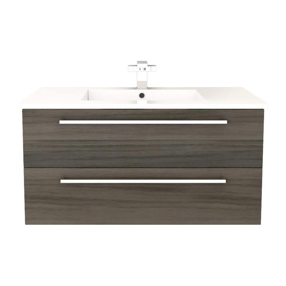 Silhouette 36" Walnut Wall-Mount Single Sink Vanity with Marble Top
