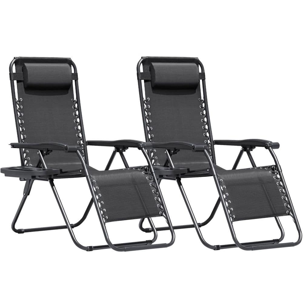 Tozey 2-Piece Black Zero Gravity Black Metal Lawn Chair Set Adjustable Folding Beach Chair with Pillows and Cup Holders T-LCZG92C0