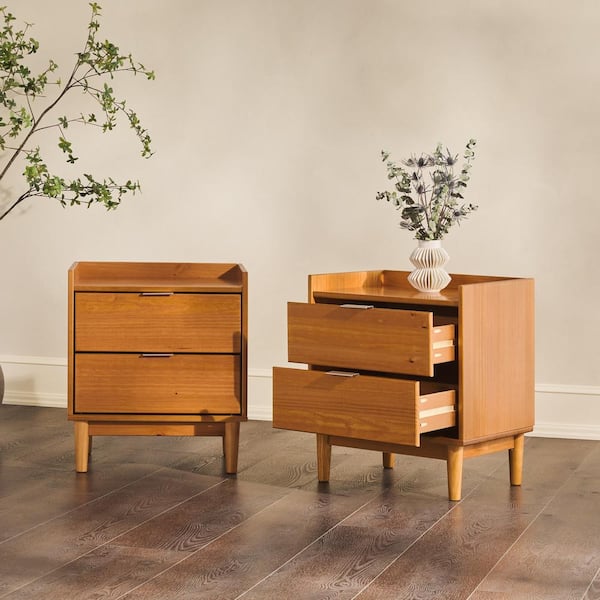 2-Drawer Caramel Solid Wood Mid-Century Modern Tray-Top Nightstand, (Set of 2)