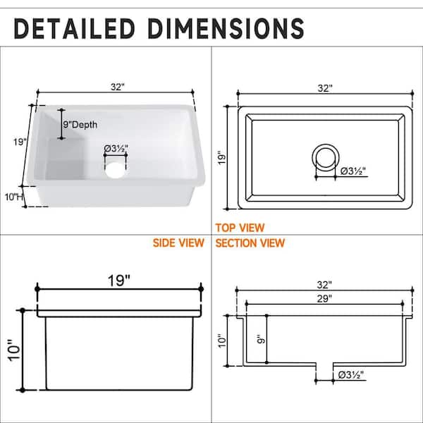 WetBase 32 in. Fireclay Kitchen Sink Undermount White Kitchen Sink
