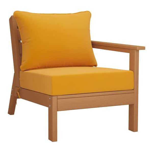 Birchwood Outdoor Patio Deep Seating Right Facing Arm HDPE Lounge Chair in Teak with Yellow Cushions