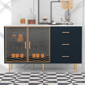 Navy Blue Wood 60 in. Sideboard with Interior Shelves and Glass Doors