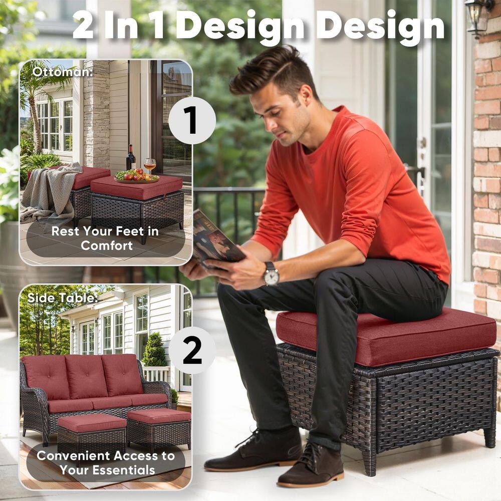 A man sitting on a wicker ottoman used as a seat.