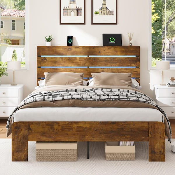 Seafuloy Rustic Brown MDF Plus Steel Frame Queen Platform Bed, Bed ...