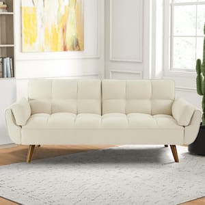 32.88 in. W Beige Linen Seats Loveseat Convertible Upholstered Sofabed Sleeper with Split Tufted Back