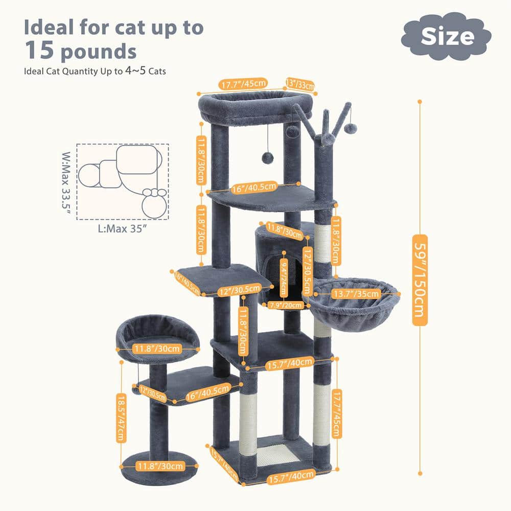 Dark Gray Multi-Level Cat Tree with Hammock and Perches