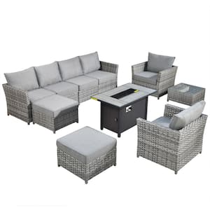 Eufaula Gray 10-Piece Wicker Modern Outdoor Patio Conversation Sofa Set with a Steel Fire Pit and Dark Gray Cushions