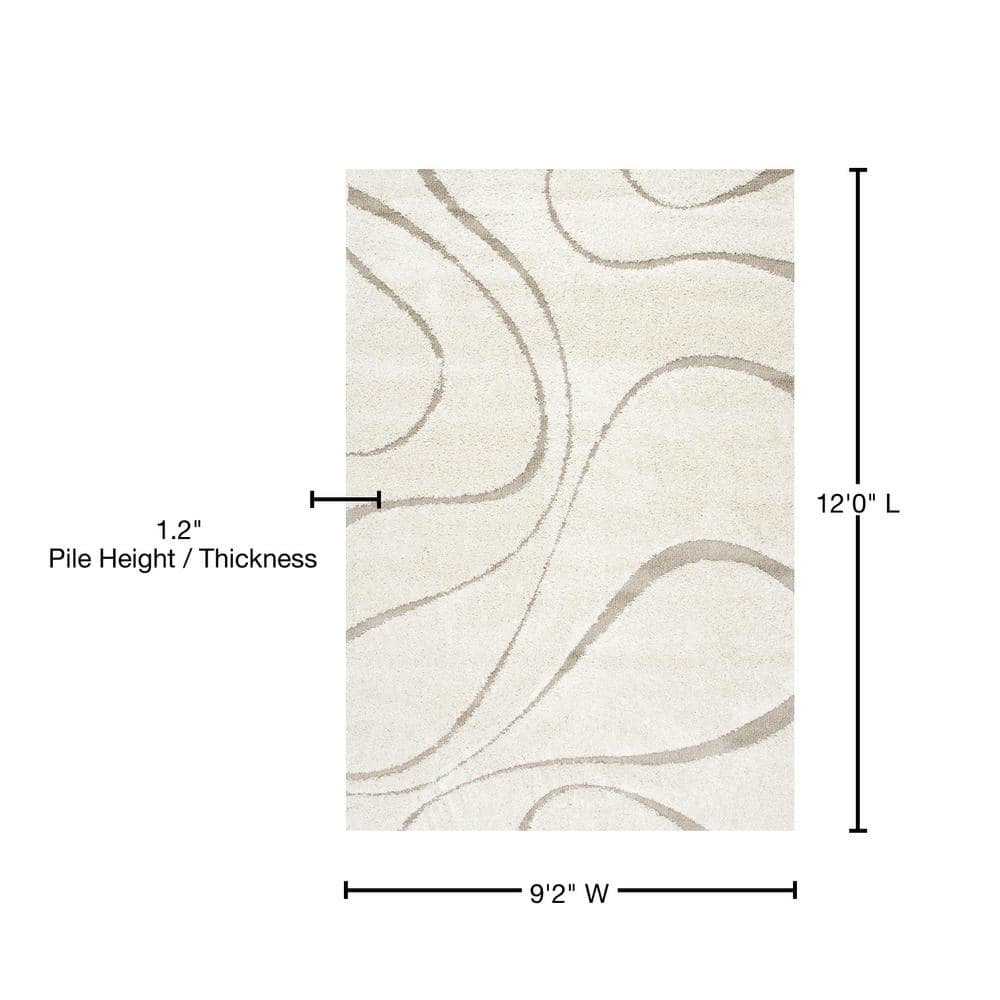 Cream and Beige Synthetic Shag Area Rug, 9' 2" x 12'
