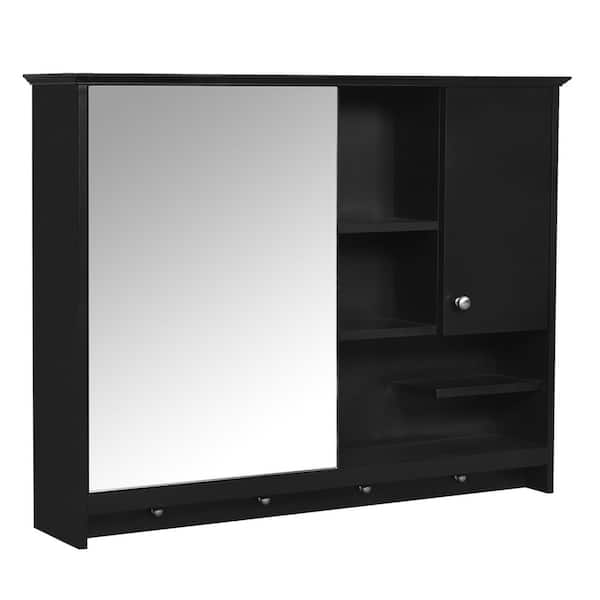 36 in. W x 28 in. H Rectangular MDF Medicine Cabinet with Mirror, Adjustable Shelf and 4-Hooks, Black