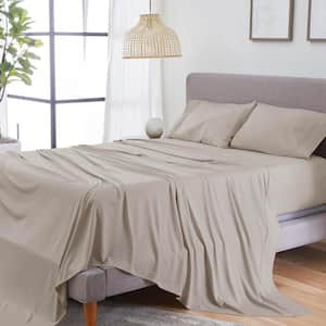 Hyper-Linen 4-Piece Bed Sheet Set Breathable Linen Blend Sheets Lightweight Fabric Medium Beige King