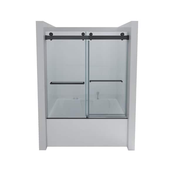 RAINLEX 56 in. to 60 in. W x 65 in. H Sliding Frameless Bathtub Door in Matte Black Finish with Clear Glass
