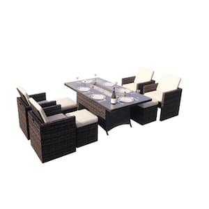 Cube 9-Piece Wicker Patio Fire Pit Conversation Sofa Set with Beige Cushions