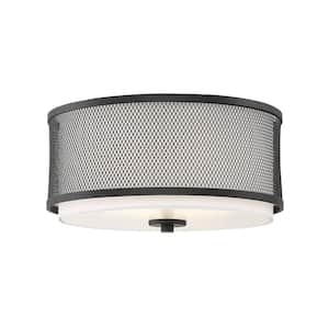 14.75 in. W x 6.25 in. H 3-Light Matte Black Flush Mount Ceiling Light with White Fabric Shade and Metal Mesh Frame