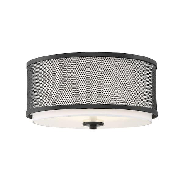 TUXEDO PARK LIGHTING 14.75 in. W x 6.25 in. H 3-Light Matte Black Flush Mount Ceiling Light with White Fabric Shade and Metal Mesh Frame