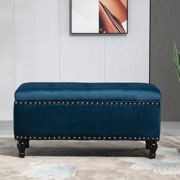 Maypex Navy Color Velvet Storage Bench With Nailhead Trim 17 7 In H X   Navy Velvet Upholstered Maypex Bedroom Benches 300716 Nv 64 600 