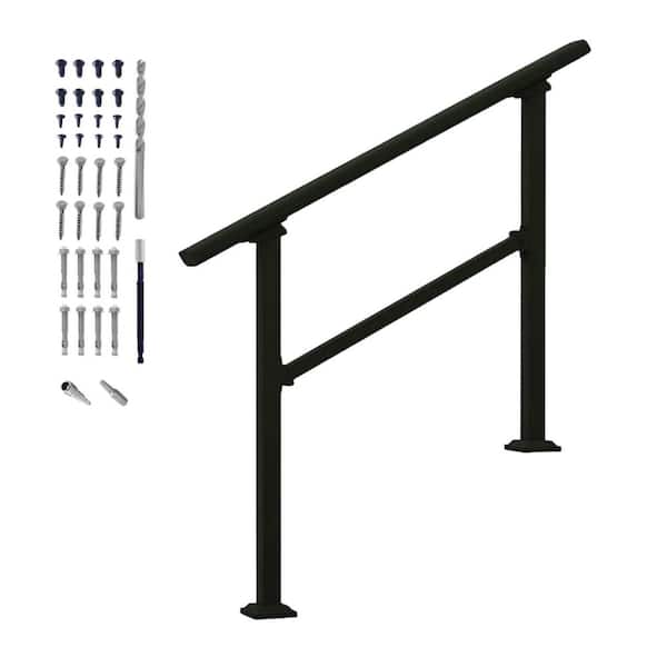 3-Step Black Wrought Iron Outdoor Stair Railing Kit with Plastic End Caps for 2 to 3 Steps, Easy Installation