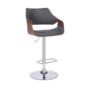 Aspen Adjustable 25-33 in. Gray/Chrome High Back Walnut Wood Swivel Bar Stool with Faux Leather Seat