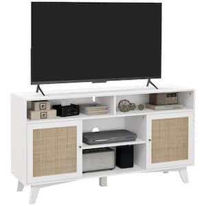 White Boho TV Stand for 65 in. TVs, TV Console Table with Rattan Doors, Adjustable Shelves and 2 Cord Holes