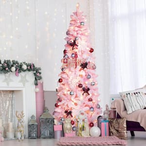 6 ft. Pre-Lit LED Pencil Slim Flocked Artificial Christmas Tree with Warm White Light, Pink