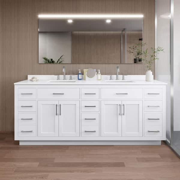 Beckett TK 84 in. W x 22 in. D x 35 in. H Double Sink Bath Vanity in White with Brushed Nickel Trim White Quartz Top